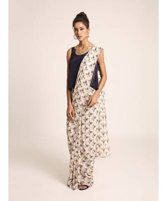 Navy Top with Cream Printed Saree 1