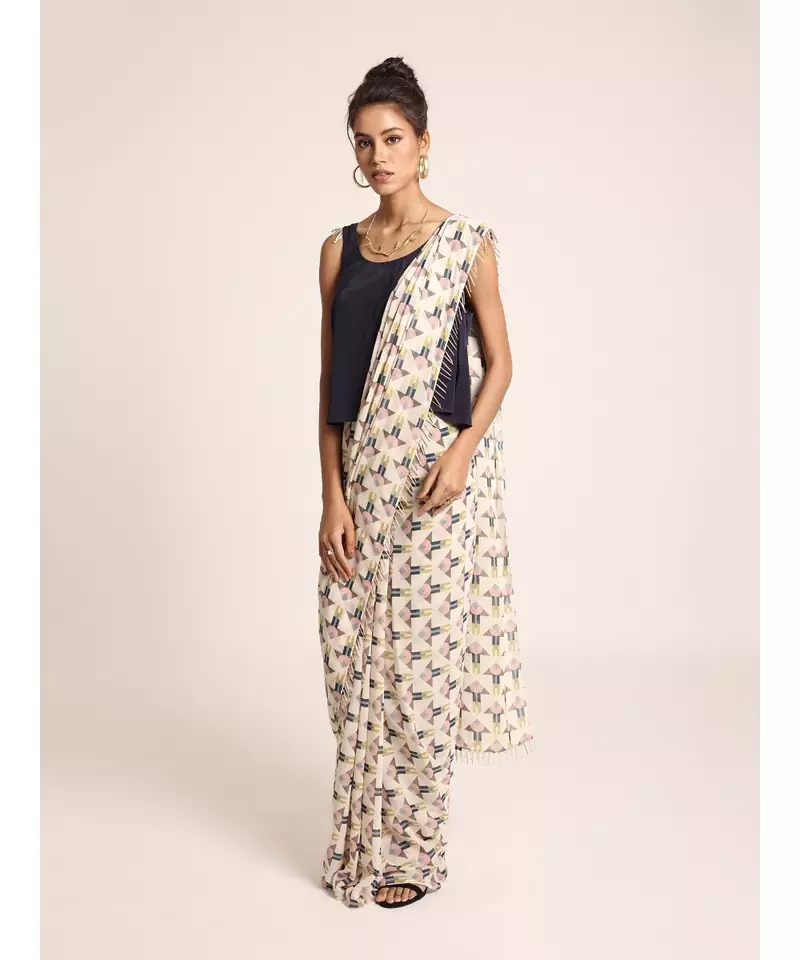 Payal Singhal Navy Colour Art Crepe Top with Cream Printed Art Georgette Saree