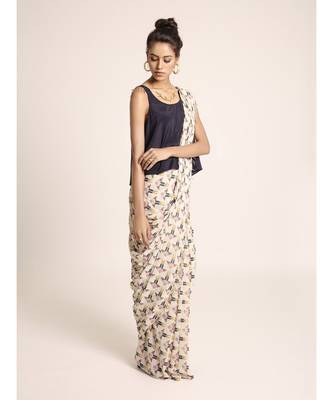 Navy Top with Cream Printed Saree 2