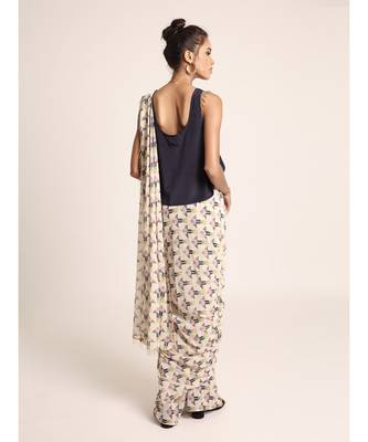 Navy Top with Cream Printed Saree 3