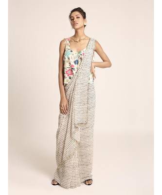 Cream Printed Top with Saree 1