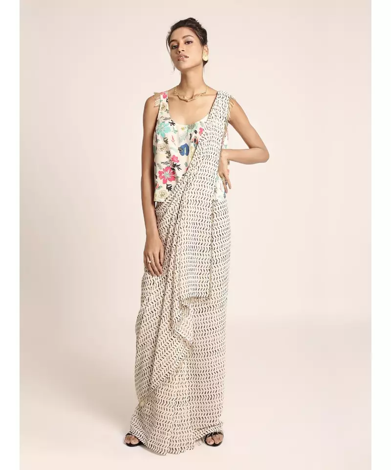 Payal Singhal Cream Printed Art Crepe Top with Cream Printed Art Georgette Saree