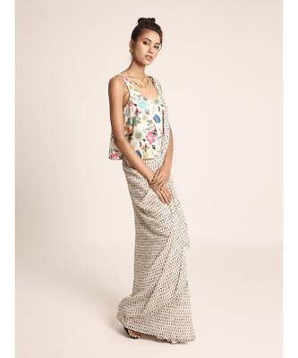 Cream Printed Top with Saree 2
