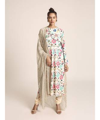 Payal Singhal Cream Printed Art Crepe Kurta with Soft Net Churidar and Cream Printed Art Georgette Dupatta 1