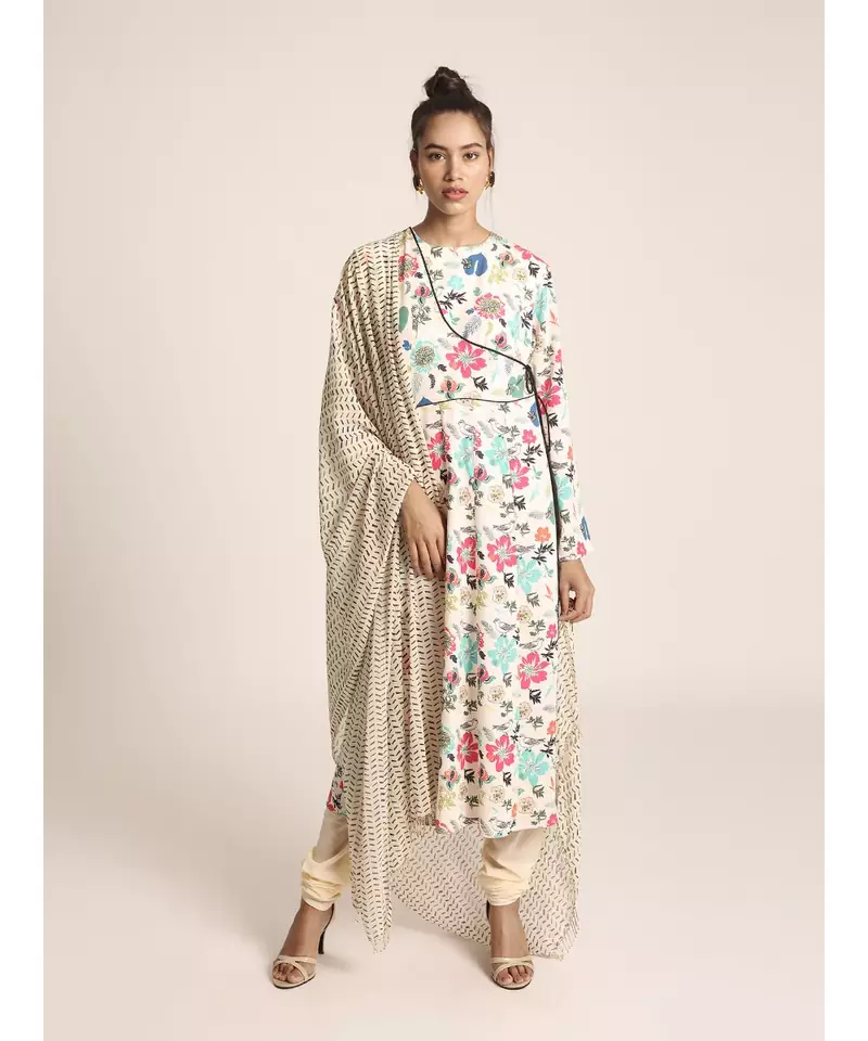 Payal Singhal Cream Printed Art Crepe Kurta with Soft Net Churidar and Cream Printed Art Georgette Dupatta