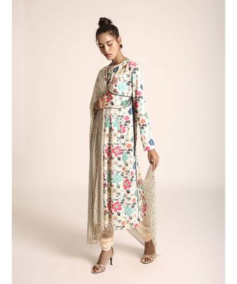 Payal Singhal Cream Printed Art Crepe Kurta with Soft Net Churidar and Cream Printed Art Georgette Dupatta 2