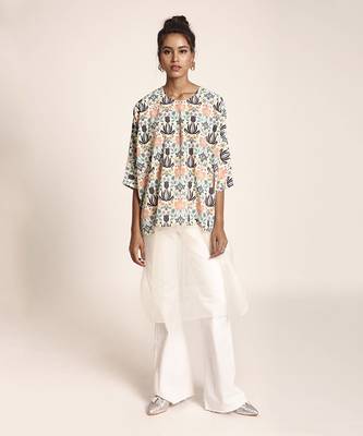 PS Pret by Payal Singhal Cream Printed Art Crepe and Organza Kaftan Tunic 1