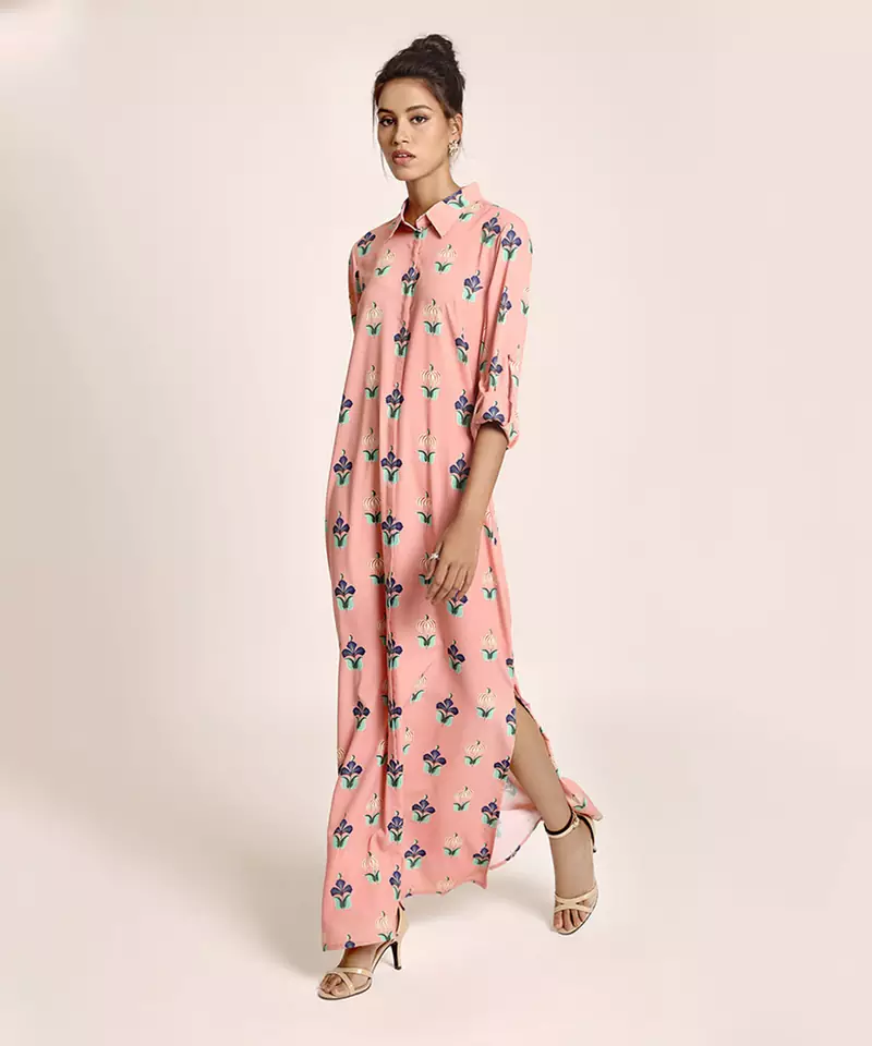 Payal Singhal Coral Printed Art Crepe Shirt Dress