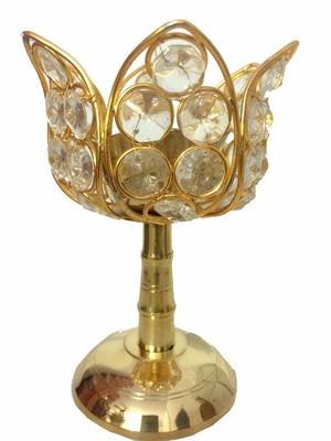 Brass And Crystal  Decorative Lotus Akhand Diya With Stand 1