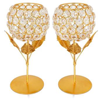 Brass, Iron and Crystal Flower Tealight Candle Holder 6 Inch Pack of 2 1