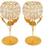 Brass, Iron and Crystal Flower Tealight Candle Holder 6 Inch Pack of 2