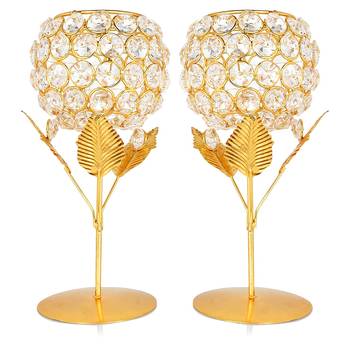 Brass, Iron and Crystal Flower Tealight Candle Holder 6 Inch Pack of 2 2