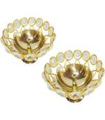 Medium Brass and crystal Akhand diya  Bowl style Brass Table Diya Set of 2 (Height: 3 inch)