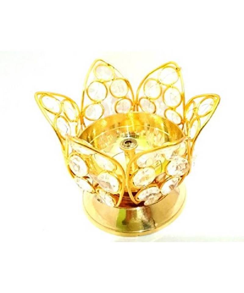 Brass And Crystal  Decorative Lotus Akhand Diya Golden