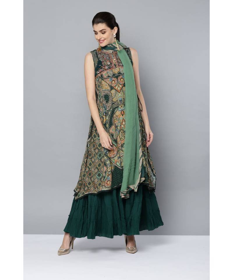 Ritu Kumar Green Band Collar Sleeveless Long Printed Embroidered Side