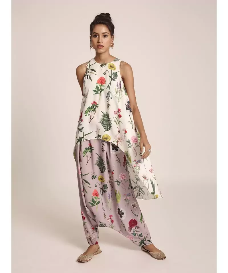 Payal Singhal Cream Printed Art Crepe Ruffle Off Shoulder Top with Black Art Crepe Low Crotch Pant
