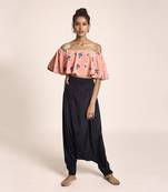 Payal Singhal Coral Printed Art Crepe Ruffle Off Shoulder Top with Navy Art Crepe Low Crotch Pant