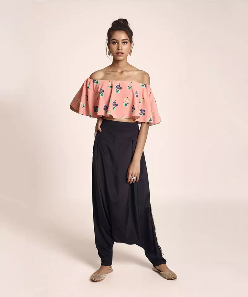 Payal Singhal Coral Printed Art Crepe Ruffle Off Shoulder Top with Navy Art Crepe Low Crotch Pant
