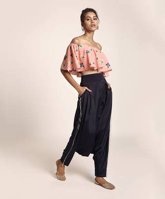 PS Pret by Payal Singhal Coral Printed Art Crepe Ruffle Off Shoulder Top with Navy Art Crepe Low Crotch Pant 1