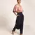 Payal Singhal Coral Printed Art Crepe Ruffle Off Shoulder Top with Navy Art Crepe Low Crotch Pant