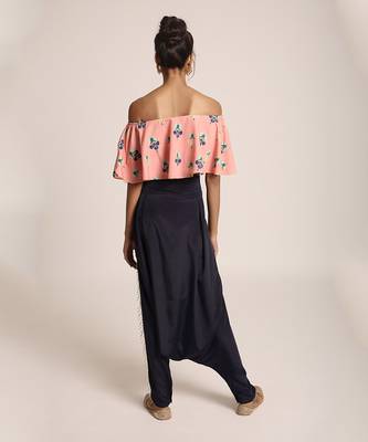 PS Pret by Payal Singhal Coral Printed Art Crepe Ruffle Off Shoulder Top with Navy Art Crepe Low Crotch Pant 2