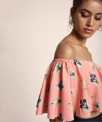 PS Pret by Payal Singhal Coral Printed Art Crepe Ruffle Off Shoulder Top with Navy Art Crepe Low Crotch Pant 3