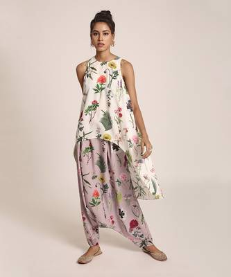 PS Pret by Payal Singhal Ivory Printed Art Crepe Kurta with Lilac Printed Art Crepe Low Crotch Pant 1