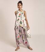 PS Pret by Payal Singhal Ivory Printed Art Crepe Kurta with Lilac Printed Art Crepe Low Crotch Pant