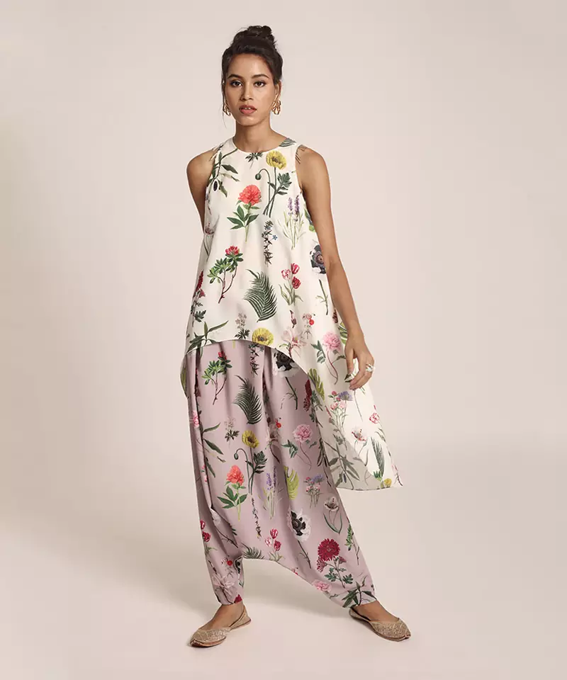 Payal Singhal Ivory Printed Art Crepe Kurta with Lilac Printed Art Crepe Low Crotch Pant