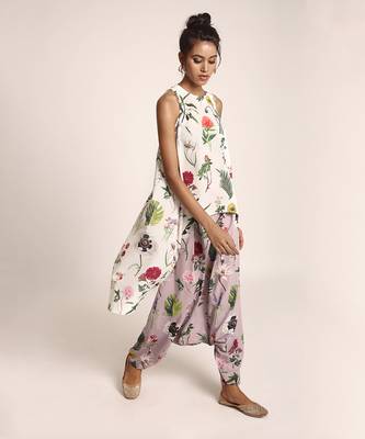 PS Pret by Payal Singhal Ivory Printed Art Crepe Kurta with Lilac Printed Art Crepe Low Crotch Pant 2