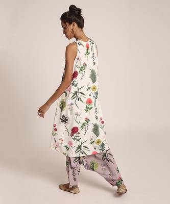 PS Pret by Payal Singhal Ivory Printed Art Crepe Kurta with Lilac Printed Art Crepe Low Crotch Pant 3