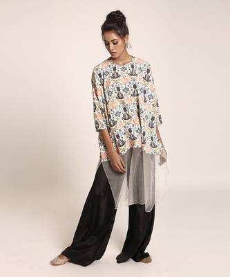 PS Pret by Payal Singhal Cream Printed Art Crepe and Organza Kaftan Tunic with Black Art Crepe Palazzo 1