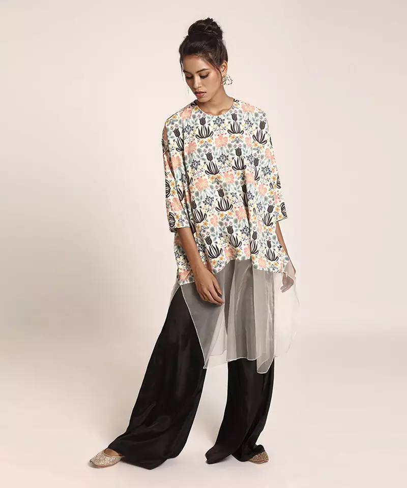 Payal Singhal Cream Printed Art Crepe and Organza Kaftaan Tunic with Black Art Crepe Palazzo