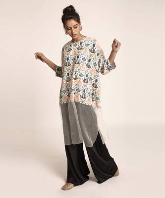 PS Pret by Payal Singhal Cream Printed Art Crepe and Organza Kaftan Tunic with Black Art Crepe Palazzo 2