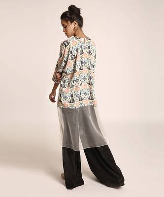 PS Pret by Payal Singhal Cream Printed Art Crepe and Organza Kaftan Tunic with Black Art Crepe Palazzo 3