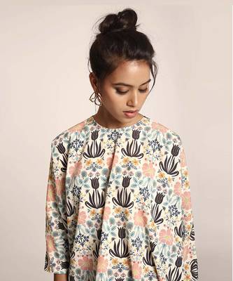 PS Pret by Payal Singhal Cream Printed Art Crepe and Organza Kaftan Tunic with Black Art Crepe Palazzo 4