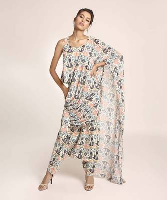 PS Pret by Payal Singhal Cream Printed Art Crepe Top and Low Crotch Pant with attached Printed Art Georgette Drape 1