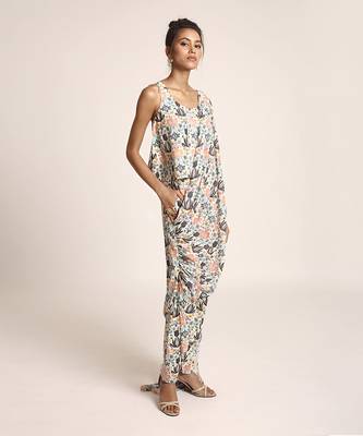 PS Pret by Payal Singhal Cream Printed Art Crepe Top and Low Crotch Pant with attached Printed Art Georgette Drape 2