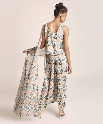 PS Pret by Payal Singhal Cream Printed Art Crepe Top and Low Crotch Pant with attached Printed Art Georgette Drape 3