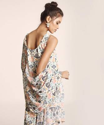 PS Pret by Payal Singhal Cream Printed Art Crepe Top and Low Crotch Pant with attached Printed Art Georgette Drape 4