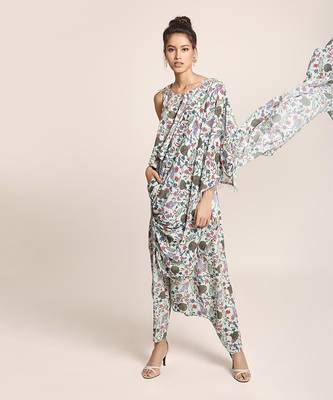 PS Pret by Payal Singhal Blue Printed Art Crepe Top and Low Crotch Pant with attached Printed Art Georgette Drape 1