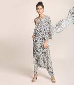 PS Pret by Payal Singhal Blue Printed Art Crepe Top and Low Crotch Pant with attached Printed Art Georgette Drape