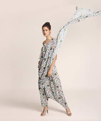 PS Pret by Payal Singhal Blue Printed Art Crepe Top and Low Crotch Pant with attached Printed Art Georgette Drape 2