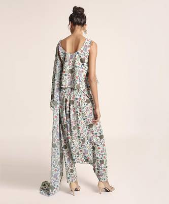 PS Pret by Payal Singhal Blue Printed Art Crepe Top and Low Crotch Pant with attached Printed Art Georgette Drape 3