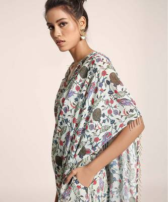 PS Pret by Payal Singhal Blue Printed Art Crepe Top and Low Crotch Pant with attached Printed Art Georgette Drape 4