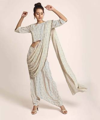 PS Pret by Payal Singhal Cream Printed Art Crepe Crop Top and Low Crotch Pant with attached Printed Art Georgette Drape 1