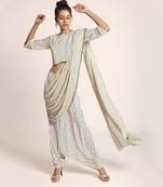 PS Pret by Payal Singhal Cream Printed Art Crepe Crop Top and Low Crotch Pant with attached Printed Art Georgette Drape