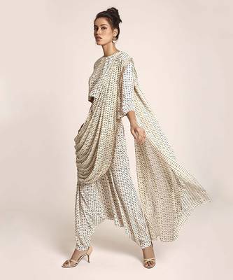 PS Pret by Payal Singhal Cream Printed Art Crepe Crop Top and Low Crotch Pant with attached Printed Art Georgette Drape 2