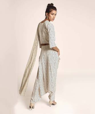PS Pret by Payal Singhal Cream Printed Art Crepe Crop Top and Low Crotch Pant with attached Printed Art Georgette Drape 3
