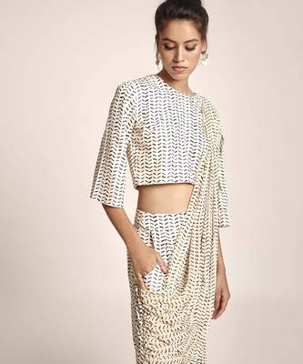 PS Pret by Payal Singhal Cream Printed Art Crepe Crop Top and Low Crotch Pant with attached Printed Art Georgette Drape 4